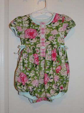 SWEETHONEY Girls Floral 1 Pc 18M Knit Bubble Romper Green Pink Blue Gingham Trim